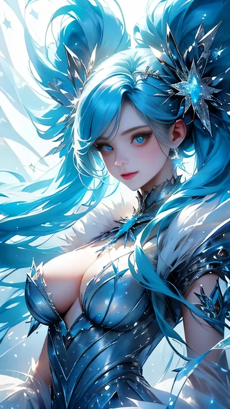 Masterpiece, best quality, long light blue hair, twin tails, sparkling blue eyes, gothic, ice, ice clothes, frills, detailed background, glowing particles in the air, particles of light, ice world, An ice fairy flying through powder snow. She wears a costu...