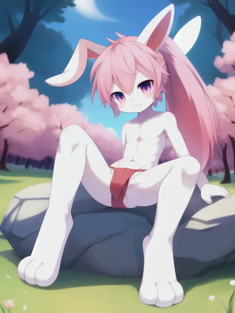 Furry shota, rabbit, long rabbit ears, pink hair, long spiky ponytail, spiky hair, detailed body fur, Pink eyes, ((red fundoshi)), looking at you, white body fur, detailed face, big eyebrows, detailed eyes, detailed body, detailed hands, glistering body, s...