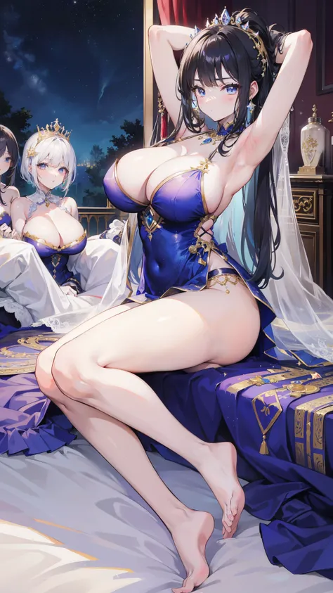 A group of young princesses, (In the bedroom), Various hairstyles, harem, Wearing a royal dress, night, Detailed face, , Short skirt, Lure, sleeveless , Show your armpits, night, starry night，((Big breasts))