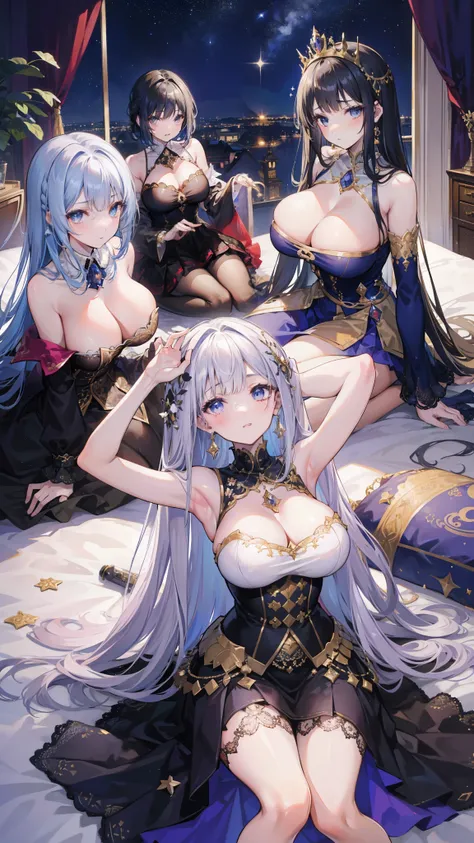 A group of young princesses, (In the bedroom), Various hairstyles, harem, Wearing a royal dress, night, Detailed face, , Short skirt, Lure, sleeveless , Show your armpits, night, starry night，((Big breasts))