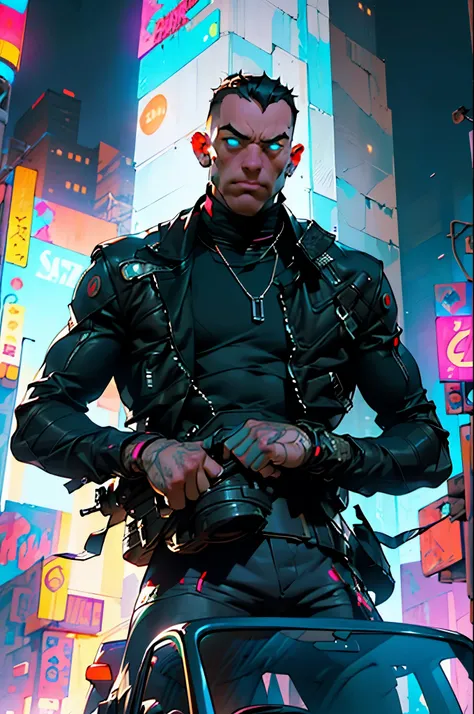 ((best quality)), ((masterpiece)), (very detailed body and face:1.3), 3D, Beautiful (cyberpunk:1.3) Beautiful young man with hair shaved on the sides and a petrol blue mohawk, VERY DETAILED AND BRIGHT, ((with weapons in his hands) ), (((futuristic Mad Max ...