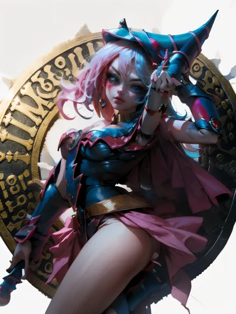 Maga oscura gils vestida de Harley Quinn. Tiene cabello rubio y negro. Ojos azules. Labios rojos. Dark magician gils is dressed as Harley Quinn. Pose sensual y inocente. Fondo de circo y magia.