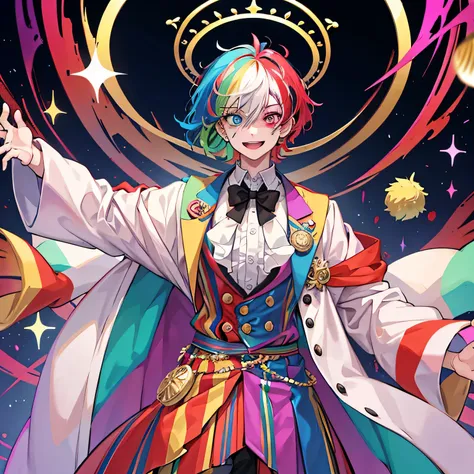 A colorful Circus Clown grown up Man with a painted face, multi color fluffy hair, heterochromia, wearing a loose attire, summoning ilusions, as he poses dramatically at his madness