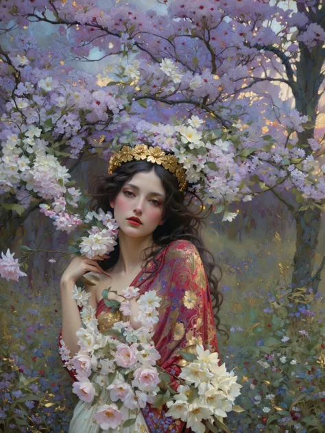 a painting of a woman with a flower crown on her head, flower goddess, woman in flowers, she has a crown of flowers, a goddess i...