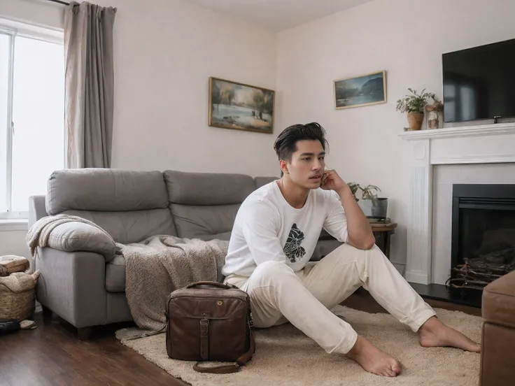 8k uhd, dslr, high quality , RAW photo, Realistic Photography , Fujifilm XT3, Canon R5, Handsome Men ,Cream colored thick trousers, Messy living room