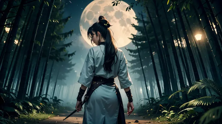 Visualize a female ninja with long black hair styled in a single tail, seen from behind, within a dense bamboo forest under a full moon. She is battle-damaged, with her clothing torn and stained, hinting at a recent conflict. In her hand, she tightly grips...