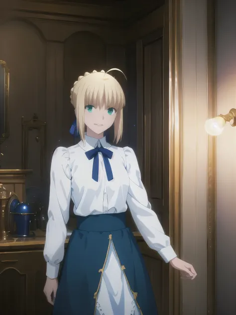 (masterpiece:1.4), (best quality:1.4), realistic, highres, 1girl, artoria pendragon (fate), fair skin, large breast, little ahoge, green eyes, white shirt, blue skirt, happy, little smile, blush, stand, in the home, face focus, from the side, looking at vi...