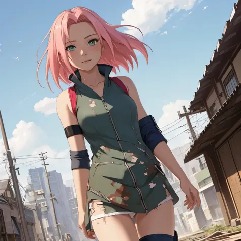 masterpiece， The best quality at its best， One girl，alone， Sakura Haruno， Small breasts，（Lower body close-up)，Raised to be sexy，I&#39;m shy，Pink Hair， （Green Eyes:1.3)， Forehead Protection， Sharp focus， blue sky， cloud， Red clothes，Zipper half,  Knee posit...