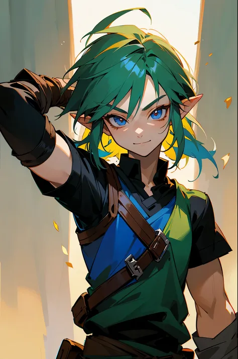 (best quality, masterpiece), 1boy, legend of zelda, link, smile, upper body, two toned hair ,multicolor hair, random color eyes,...