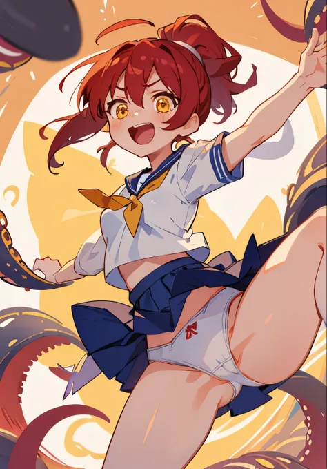 masterpiece, highest quality,  Poor breasts、crimson hair、ponytail、Glowing yellow eyes、Bangs between the eyes、Ahoge, Breasts exposed from sailor uniform、Skirt rolled up, 8-year-old、White panties、Leg spread、Ecstatic expression、raped by the entwining tentacle...