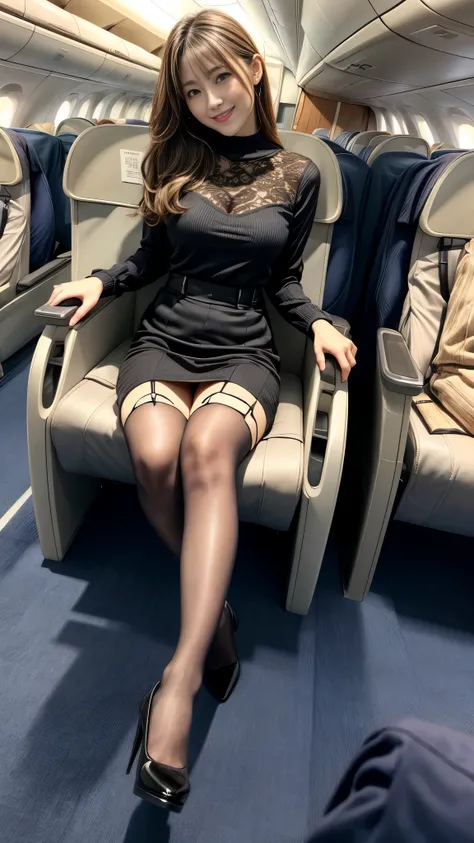 ((masterpiece、best quality))、Detailed face、Sexy 18 岁日本模特、Lovely、(Airline stewardess:1.2)、full、、Bodycon crew neck lace top，Short skirt，1 girl、Symmetrical illumination、High heel、Sexy的女人、Sexy、focus、charming、セクシーなHigh heel、ルブタンのセクシーなHigh heel、(Aircraft Busines...