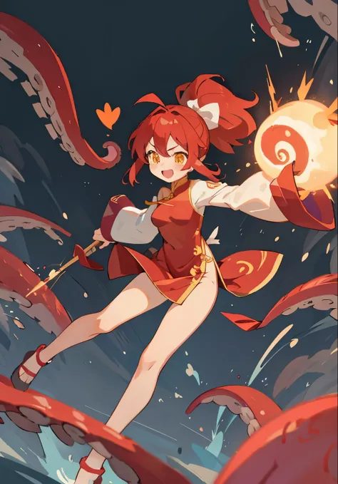 masterpiece, highest quality,  Poor breasts、crimson hair、ponytail、Glowing yellow eyes、Bangs between the eyes、Ahoge, China dress,slender legs、8-year-old、Ecstatic expression、explosion、The girl fills her perineum with tentacles、I love hold、Spurting body fluid...