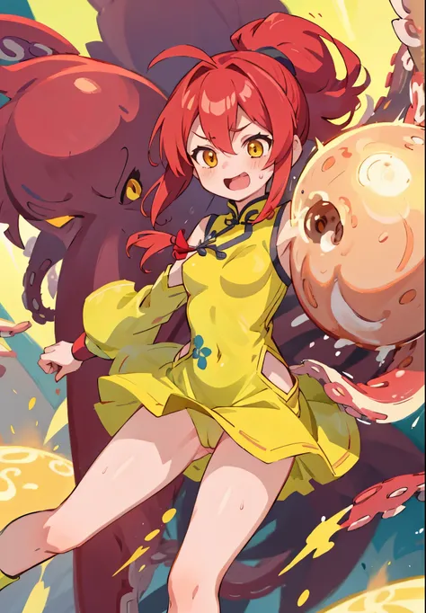 masterpiece, highest quality,  Poor breasts、crimson hair、ponytail、Glowing yellow eyes、Bangs between the eyes、Ahoge, China dress,slender legs、8-year-old、Ecstatic expression、explosion、The girl fills her perineum with tentacles、I love hold、Spurting body fluid...