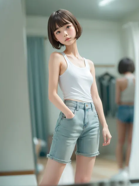 ((sfw: 1.4)), (( extra short hair, sidelocks-hair, 1 Girl)),solo,((18 years old)), (wearing  white tanktop:1.5),((short denim pants)) Ultra High Resolution, (Realistic:1.4), RAW Photo, Best Quality, (Photorealistic Stick), Focus, Soft Light, ,((Japanese)),...