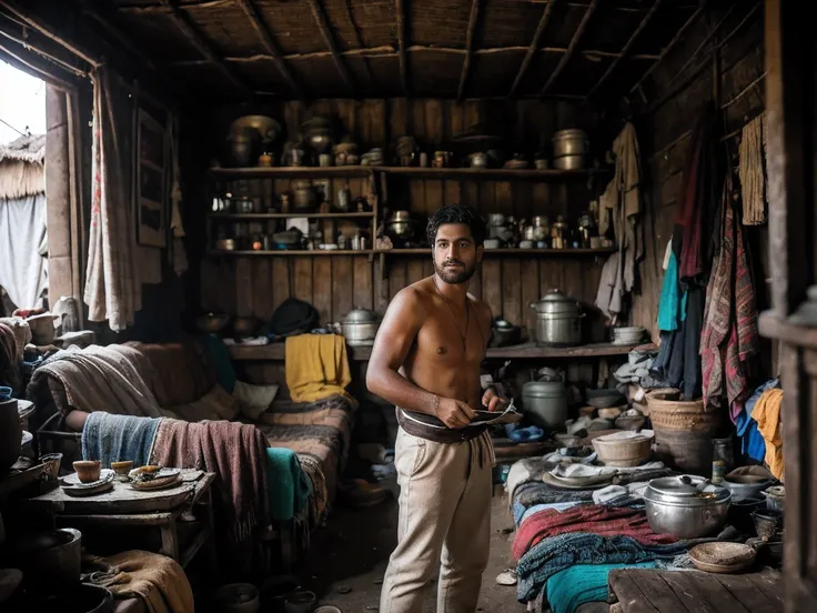 8k uhd, dslr, high quality , RAW photo, Realistic Photography , Fujifilm XT3, Canon R5, Handsome Men ,Cream colored thick trousers, (Rustic slum living room:1.2)