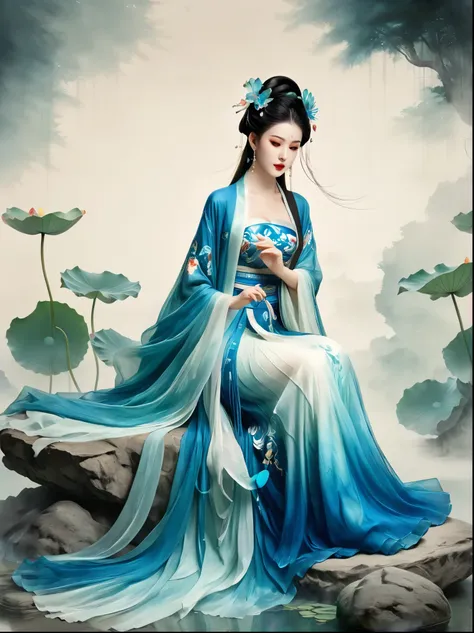 chinese beauty sitting on the stone, dressed in ancient chinese costumes, flowing blue tulle, light silk, lazy posture, big lotu...