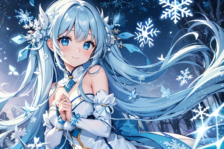 Light blue long hair、Cute girl with twin tails、Adorable smile、In the fantastic forest of icicles、((It&#39;s a snowflake、Snowflake、;The whole body is shining)).night sky moon and star light、Big ice owl、Fantasy