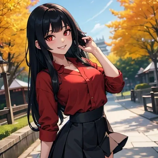 1 Japanese girl, 21 years old, Long black hair, Deep red eyes, Fair skin, Sadistic smile, Yandere, Black skirt, Red shirt, Stockings, Loafers, In the Park, Sunny, Up close.
