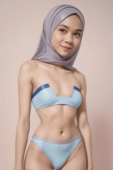 Vogue style photo shoot of malay teenage girl in bikini with pastel colored background in Wes Anderson style, hyper - realistic photography, Wes Anderson style, half body, 8k, (HIJAB)), strapless colorful satin, ((Flat Chest:1.5), 