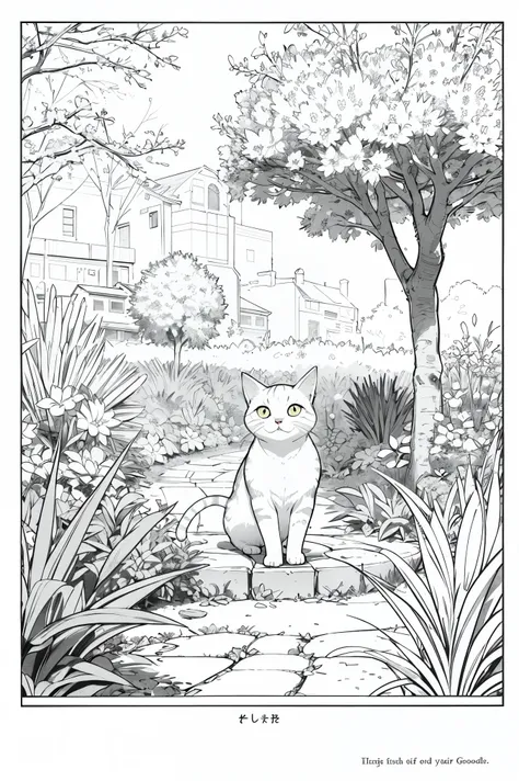 Drawing of a cat playing in a garden, Bobbie Goods design style, drawing style with well-defined black lines, rostros bien definidos, estilo libro para colorear, sin color de fondo, sin color. Sin personas.