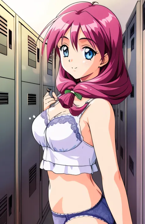 Shirayuki Maho,１People Girls, smile, blue eyes,Browsing Caution,Expose the chest,underwear,locker room,good,good,retro artstyle,Long Hair,  1990s (style), chest, city, Day,
masterpiece, expensive quality, very_expensive_solve, big_file size, Full Color,