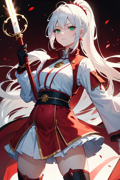 4k,hight resolution,One Woman,White hair,Short ponytail,Green eyes,Red Heros Clothing,White samurai armor,Long red gloves,Long red boots,Black spats,Excalibur, (pregnant:1.0)