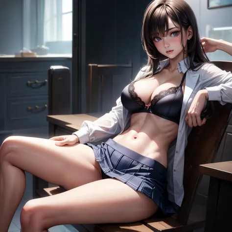 (best quality:1.2, realistic, ultra-detailed), young beautiful woman, lifting her skirt and revealing her underwear, wearing a mini skirt, wearing a short skirt, seductive portrait, open shirt showing her bra