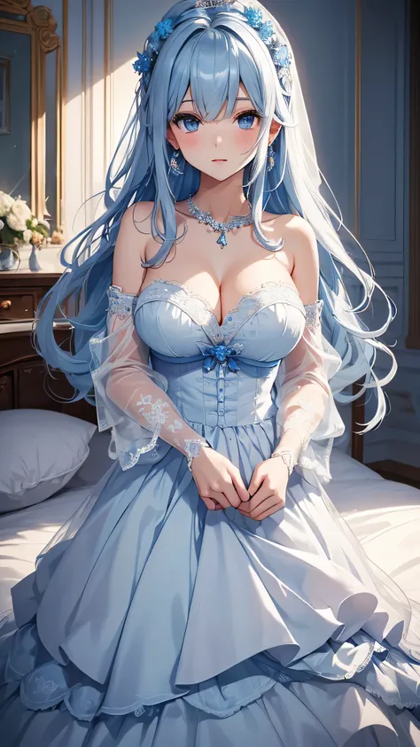 ((highest quality))、((Highest quality))、((Highest Resolution))、masterpiece、The best beautiful girl、Gray Hair, blue eyes, Light blue wedding dress, Big Breasts、Blue hair ornament、((to close range)), On the bed、Showing off white underwear、Blue Necklace、Blue ...