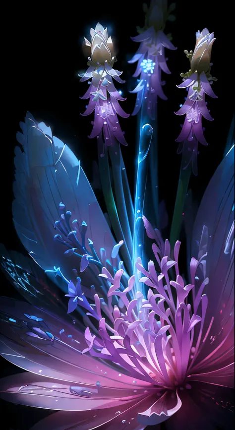 Picture a stunning scene where a bouquet of delicate Hyacinth flowers is bathed in a holy light, their super transparent petals glowing with a magical, intricate luminescence. The flowers seem to be flashing, as if in a moment of profound beauty, against a...