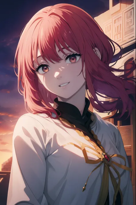 ((((Obra maestra, La mejor calidad, ultrahigh resolution)))), beautiful face, beautiful girl, 1girl, looking at viewer, standing, upper body, red hair, beautiful face, outside, wind blowing, detailed face, eyeliner, detailed red gradient eyes, shiny red ey...