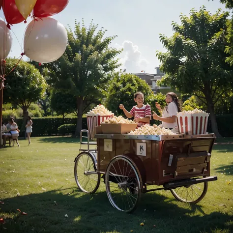 (red and white striped small popcorn cart in a park):(best quality,ultra-detailed),portrait,realistic,rich colors,soft lighting,bokeh,children,enjoying,summer vibes,outdoor activity,vibrant atmosphere,playful,motion,smiling faces,happy moments,happiness,jo...