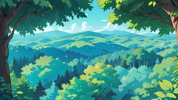 A beautiful forest seen from above, background, treetop above, blue sky, masterpiece, best quality, 1990s style