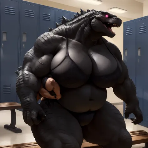 godzilla, female anthro godzilla, GodzillaXP (black body, black skin), paws, huge boobs, big boobs, big , big , (((black sheer bra, black navy panties)), (((locker room, bench, detailed background))), furry, 8k hd, fine details, Wrinkly body, cinematic lig...