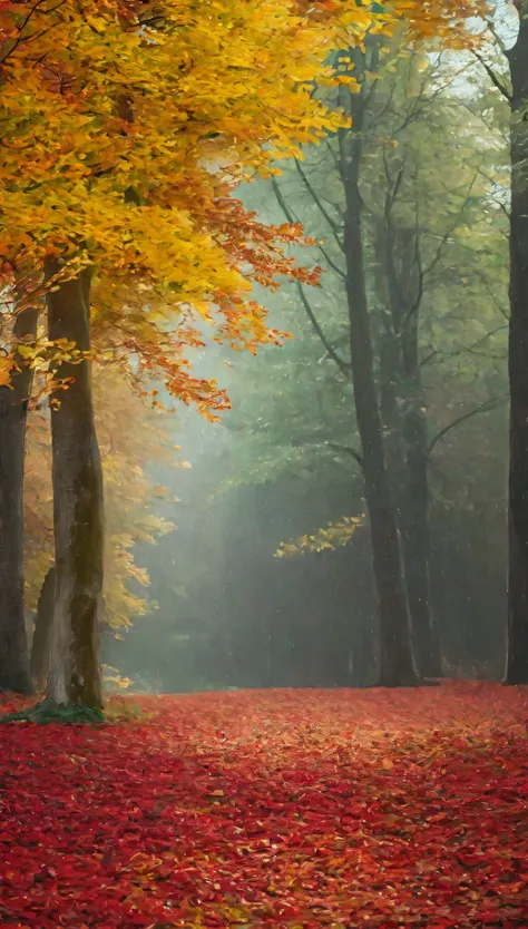 cinematic photo , style by Theo Bosboom and and Anna Atkins, photorealistic, masterpiece, birds-eye view, oak forest red and yellow and green leaves fill the entire space, autumn, rain, saturation, professional, inviting, well-lit, high-resolution, . 35mm ...