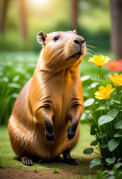 A capybara in a lush garden,playful capybara,curious capybara,nurturing  capybara,cute,cuddly,friendly,large capybara, brown,grass,flowers,tall trees,lush vegetation,wildlife,nature,Midst of nature,bushy environment,peaceful ambience,serene atmosphere,beau...