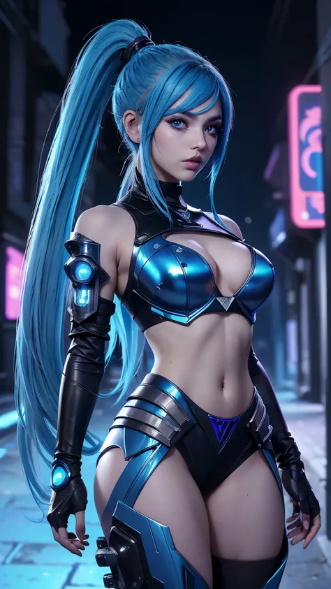 (La mejor calidad,A high resolution,Ultra - detallado,actual),Layla en Mobile Legends, (Cabello largo blue :1.4), (vestuario sexy Mobile legends),(peinado de dos coletas blue :1.4), ( cyberpunk alley background :1.4), score_9, score_8_up, score_7_up, score...