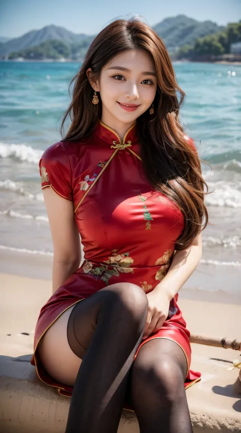 best quality,8k, Detailed facial features, Detailed description of the eyes, Brown hair(Long curly hair),Beautiful Korean girl, 21 years old, Classical cheongsam tights, Smile, Slim, Medium bust, Stand cross-legged, Smile Face, colorful earrings, necklace,...