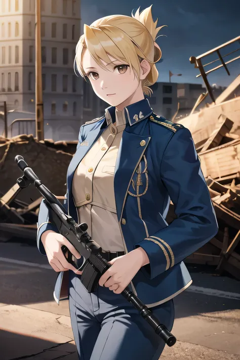 masterpiece, highest quality, High resolution, One girl, Hamriz, Folded ponytail, Brown eyes, Medium chest, uniform, Blue jacket, Blue pants, Are standing, Cowboy Shot, Outdoor, View your viewers,holding a rifle, Has an assault rifle, Gun Action:1.5, maste...