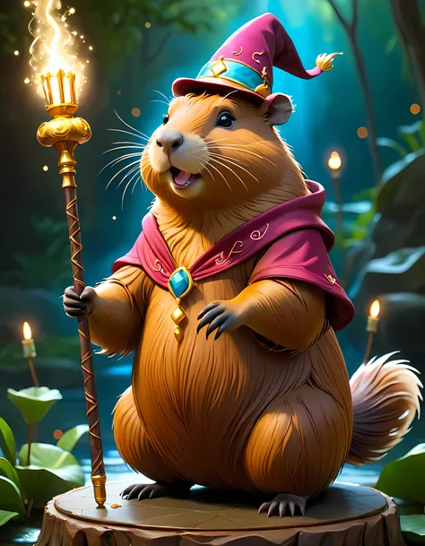 a grand cake (shaped as a capybara mage in whimsical attire, holding a magic staff), design shot, romantic, masterpiece in maxim...