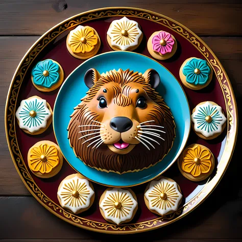 View from above, an ornate plate of cookies shaped as capybara, masterpiece in maximum 16K resolution, superb quality. | ((More_Detail))
