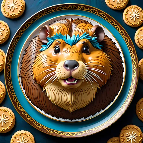 view from above, an ornate plate of cookies (shaped as capybara:1.4), masterpiece in maximum 16k resolution, superb quality. | (...