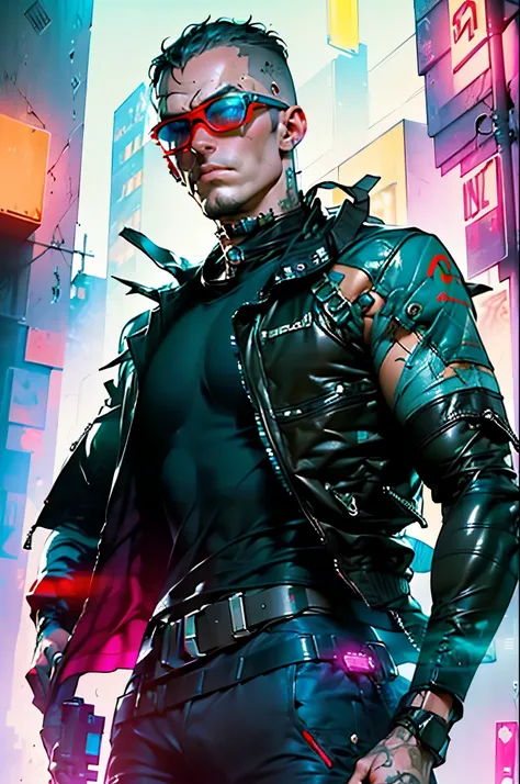 ((best quality)), ((masterpiece)), (very detailed body and face:1.3), 3D, Beautiful (cyberpunk:1.3) Beautiful young man with hair shaved on the sides and a petrol blue mohawk, VERY DETAILED AND BRIGHT, ((with weapons in his hands) ), (((futuristic Mad Max ...