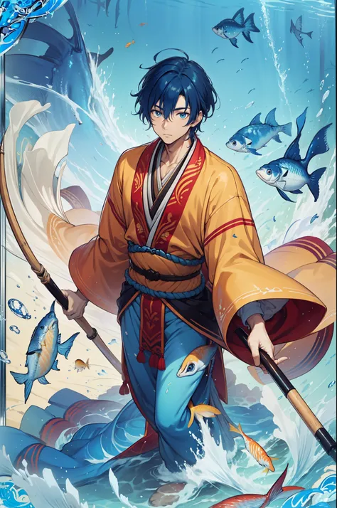 male, handsome male, (male), (man), blue eyes, blue hair, big fish, plenty of fish, many fish, ,fish everywhere, detailed fish, big fish, small fish, colorful fish, 