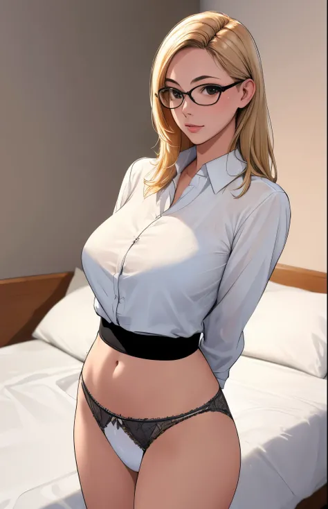 Masterpiece, best quality, high resolution, 1girl,mature female, big breasts, blonde hair, black eyes, slim waist, eyeglasses, looking at viewer, perfect anatomy, white shirt, laced panties, arms behind back, bedroom background