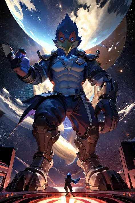 ((best quality)), ((masterpiece)), (detailed), falco, macro, stomping a tiny planet, space background, open legs, low angle