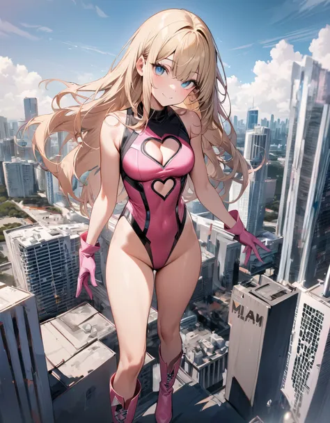 ((masterpiece)), ((best quality)), ((high res)), 1girl, solo, (leotard, perfect leotard, pink leotard, sleeveless, bare legs), matching boots, looking at the viewer, miami city backdrop, perfect eyes, perfect legs, perfect arms, perfect hands, complete fin...