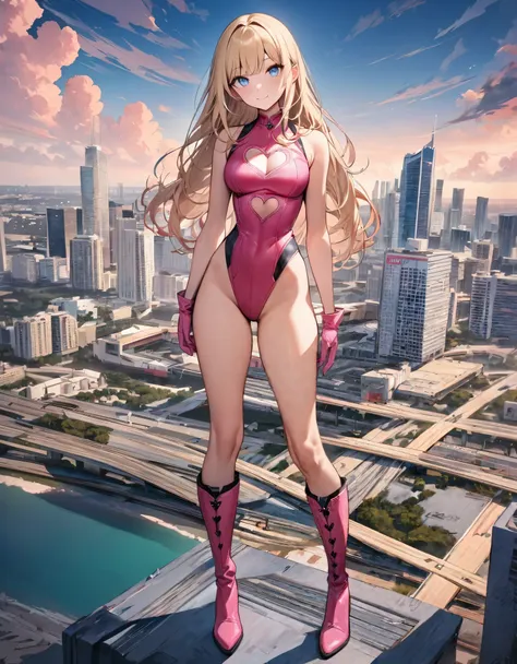 ((masterpiece)), ((best quality)), ((high res)), 1girl, solo, (leotard, perfect leotard, pink leotard, sleeveless, bare legs), matching boots, looking at the viewer, miami city backdrop, perfect eyes, perfect legs, perfect arms, perfect hands, complete fin...