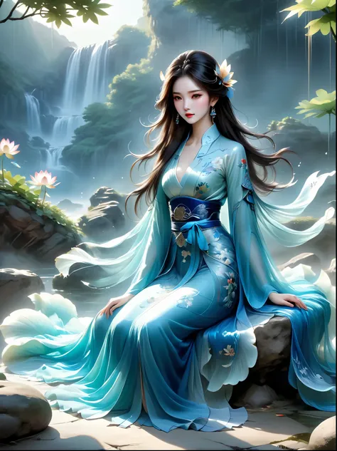 Chinese beauty sitting on the stone, Dressed in ancient Chinese costumes, Flowing blue tulle, Light Silk, Lazy posture, Big lotus leaf, lotus, Ink painting style, Clean colors, Decisive felling, White space, Mode, masterpiece, Ultra Detailed, Epic creation...