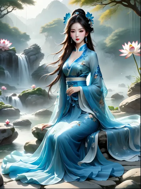 chinese beauty sitting on the stone, dressed in ancient chinese costumes, flowing blue tulle, light silk, lazy posture, big lotu...