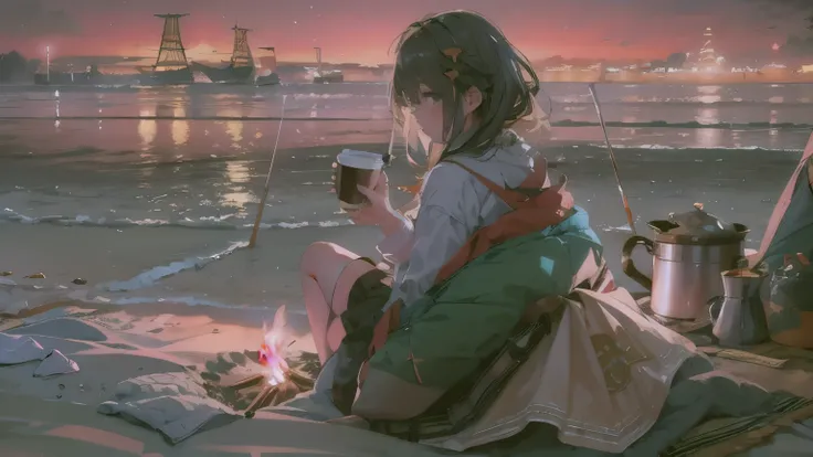 {{masterpiece, highest quality, Highly detailed CG, 8k wallpaper, 3D, Cinema Lighting}}、night、Seaside、Sandy Beach、One woman、tent、Bonfire、camp、Sitting in an outdoor chair、Drinking coffee from a titanium mug